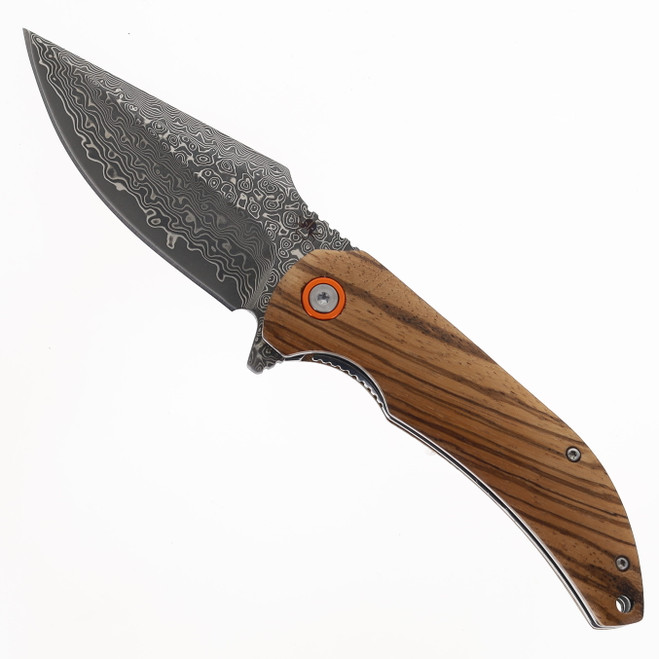 Klaken Knives Ravenor Folding Knife Zebra Wood Handle Damascus Plain Edge J337-Ravenor-Zebra