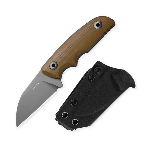 (No Box) Kizer Snick Fixed Blade Knife Brown G10 Handle AEB-L Sheepsfoot Plain Edge Gray Stonewash Finish 1085A2