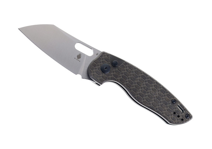 (From collection) WMK Exclusive Kizer MINI Towser K Thumb Hole Button Lock Folding Knife Chocolate Glacier Richlite Handle 3V Sheepsfoot Plain Edge Satin Finish V3593E1