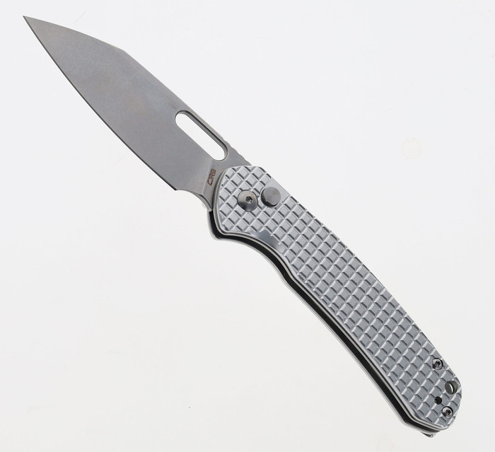 (From Collection) WMK Exclusive CJRB Pyrite Frag Pattern Button Lock Pocket Knife Aluminum Handle AR-RPM9 Wharncliffe Plain Edge Stonewash Finish J1925A-AL