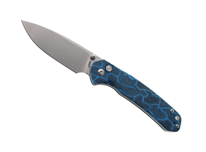 (From collection) WMK Exclusive CJRB Pyrite Folding Knife  Black & Blue Gmascus G10 Handle AR-RPM9  Drop Point Plain Edge Stonewash Finish J1925-DBU