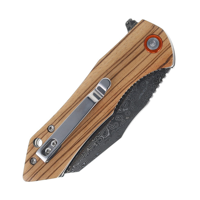 Klaken Knives Folding Knife Zebra Wood Handle Damascus Plain Edge