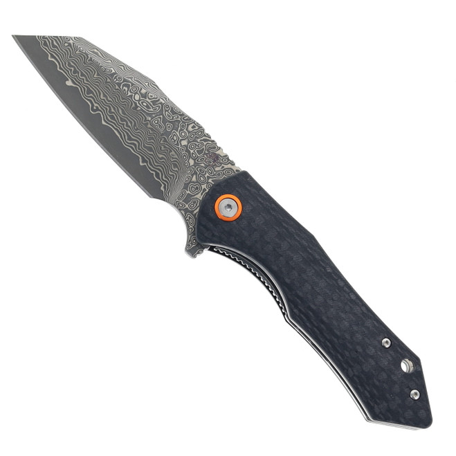 Klaken Knives Folding Knife Black Carbon Fiber Handle Damascus Plain Edge J338-Askael-Carbon