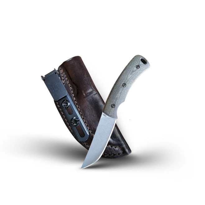 Three Rivers TagAlong Fixed Blade MagnaCut Blade Double OD Green Micarta Handle Taco Leather Sheath