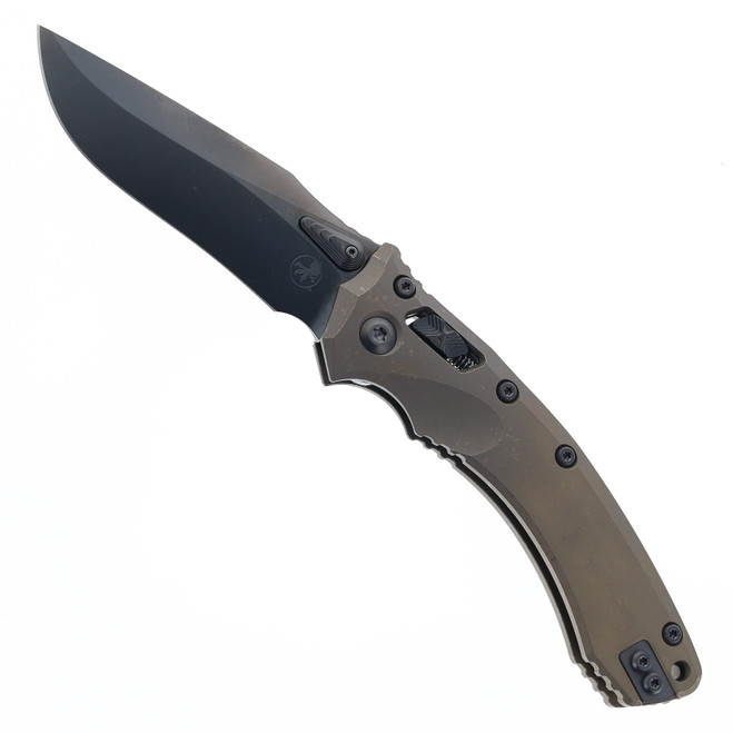 Microtech Marfione Amphibian Ram-Lok Axis Lock Manual Folding Knife Bohler M390MK Stonewashed DLC Clip Point Blade Antique Bronze Titanium Handle DLC 137RL-1DLCTMS1