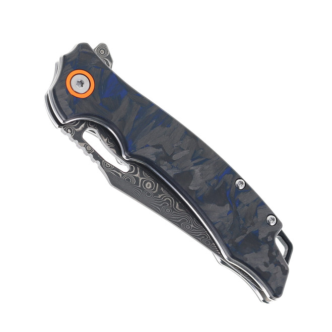 Klaken Folding Knife Blue Carbon Fiber Handle Damascus Plain Edge
