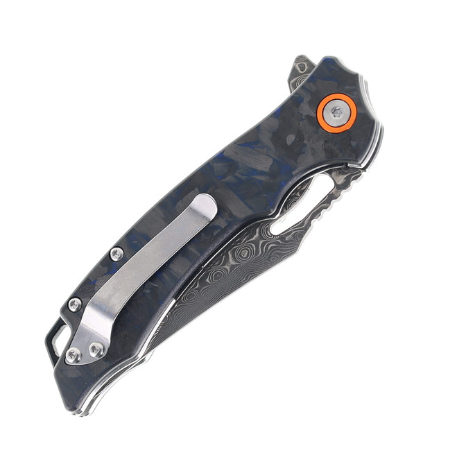 Klaken Folding Knife Blue Carbon Fiber Handle Damascus Plain Edge