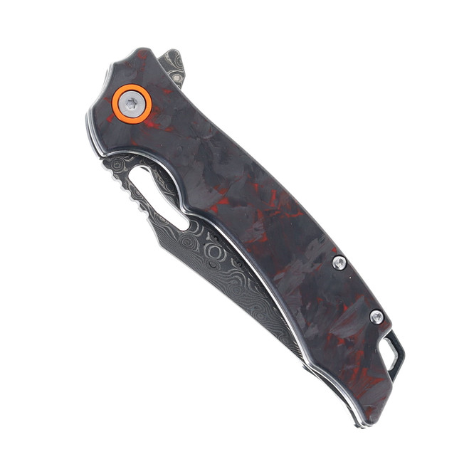 Klaken Folding Knife Red Carbon Fiber Handle Damascus Plain Edge