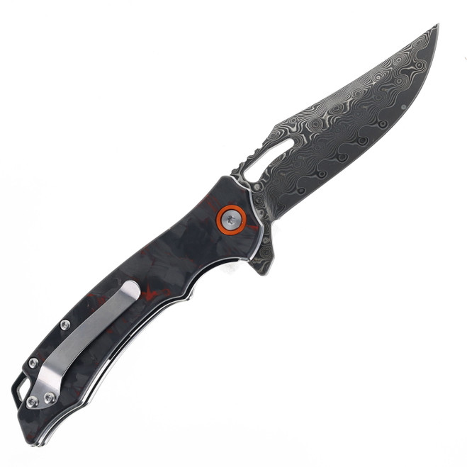 Klaken Folding Knife Red Carbon Fiber Handle Damascus Plain Edge