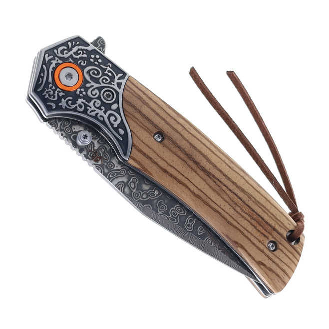 Klaken Folding Knife Zebrawood Handle Damascus Plain Edge J386