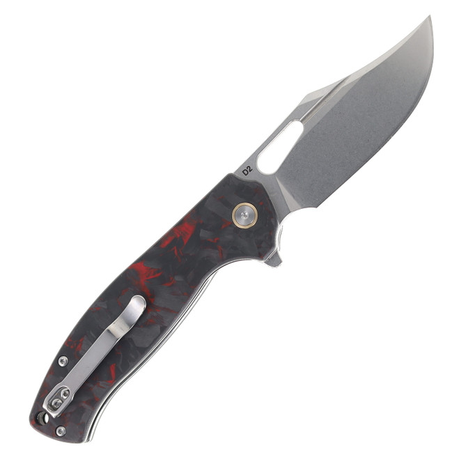 Klaken Folding Knife Red Crushed Carbon Fiber Handle D2 Plain Edge