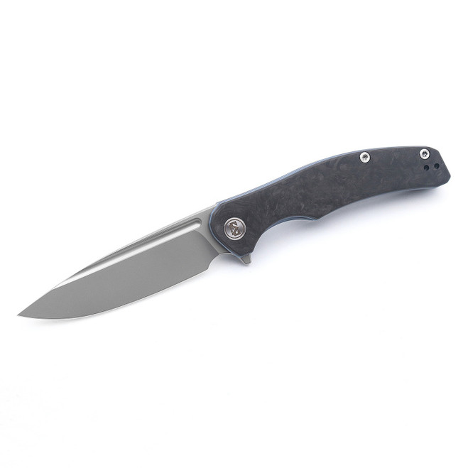 M Miguron Velona Folding Knife Carbon Fiber/Blue Titanium Handle M390 Drop Point Plain Edge MGR-613BUS