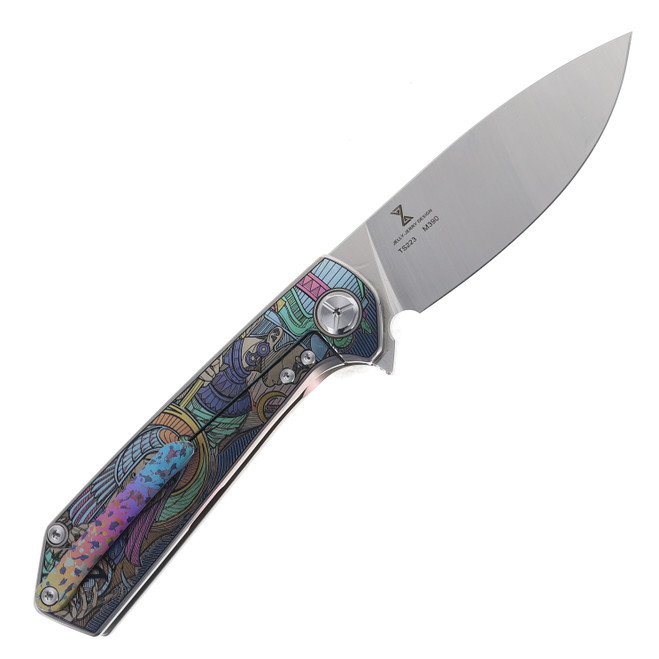TwoSun Folding Knife Engraved Pharaoh Handle M390 Plain Edge TS223