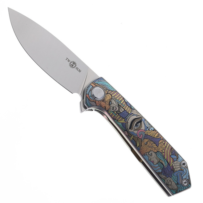 TwoSun Folding Knife Engraved Pharaoh Handle M390 Plain Edge TS223-M390-Pharaoh