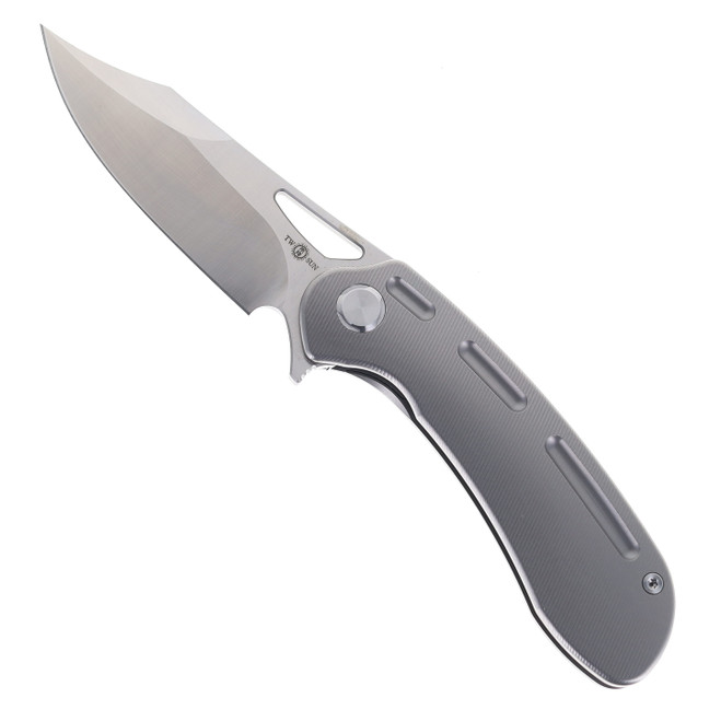 TwoSun Folding Knife Grey Titanium Handle M390 Plain Edge ts261
