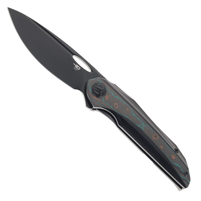 Bestech SENU Folding Knife Titanium/CamoCarbon Handle S90V Plain Edge Black PVD Finish BT2601D