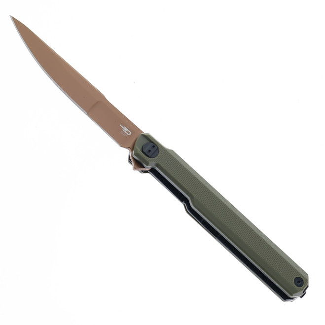 Bestech DUOZ Folding Knife OD Green G10 Handle 14C28N Plain Edge Gold Finish BG65F