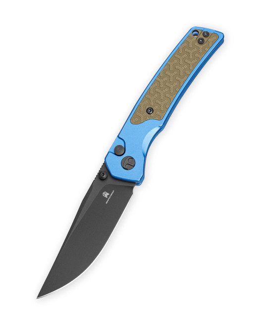 Bestechman ICEBREAKER Folding Knife Blue/OD Green Aluminum/G10 Handle D2 Plain Edge Black PVD Finish BMK16E
