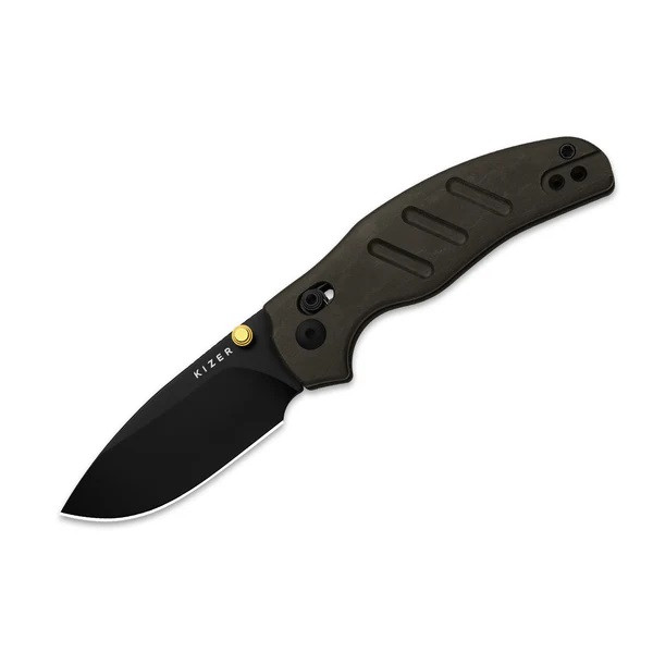 Kizer C01C 2.9 CD Folding Knife Brown Richlite Handle Nitro-V Drop Point Plain Edge Black PVD Finish V3488.29CDA2