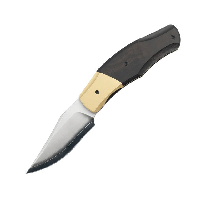 Molsect OldFashioned Folding Knife Brass Aluminum/Ebony Wood Handle SLD Bowie Point Plain Edge MUC777S