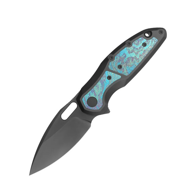 Molsect Mantle Folding Knife Black DLC Titanium/Green Crystal Timascus Handle S35VN Drop Point Plain Edge Black DLC Finish M1183DG