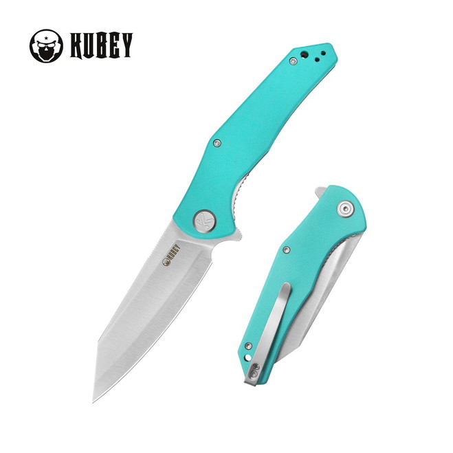 Kubey Flash Folding Knife Blue G10 Handle San Mai M2 Reverse Tanto Plain Edge Satin Finish KU158M
