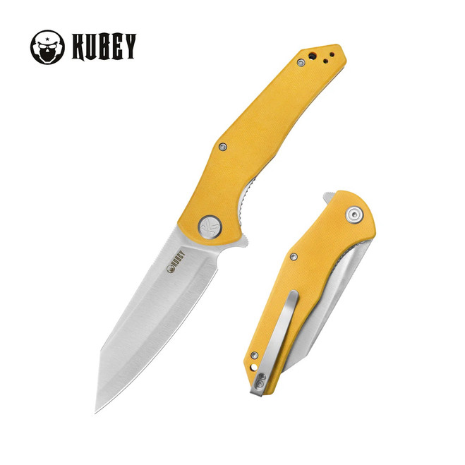 Kubey Flash Folding Knife Yellow G10 Handle San Mai M2 Reverse Tanto Plain Edge Satin Finish KU158N