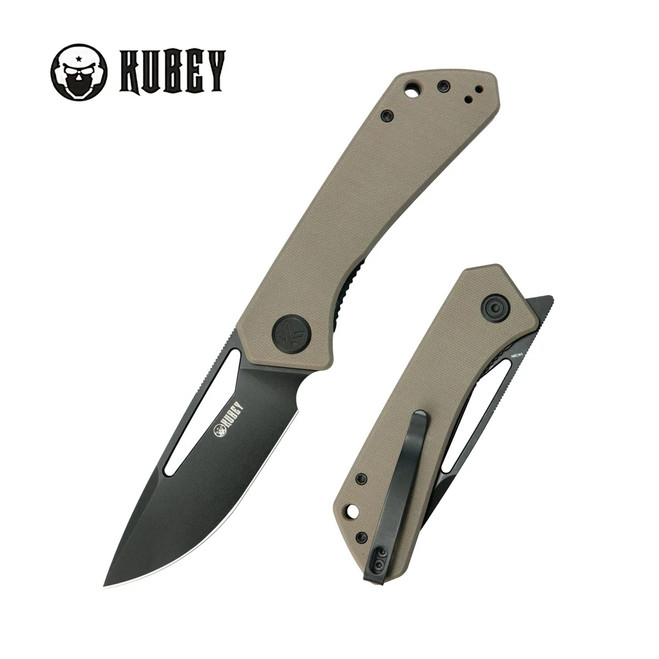 Kubey Thalia Folding Knife Tan G10 Handle 14C28N Drop Point Plain Edge Blackwash Finish KU331U