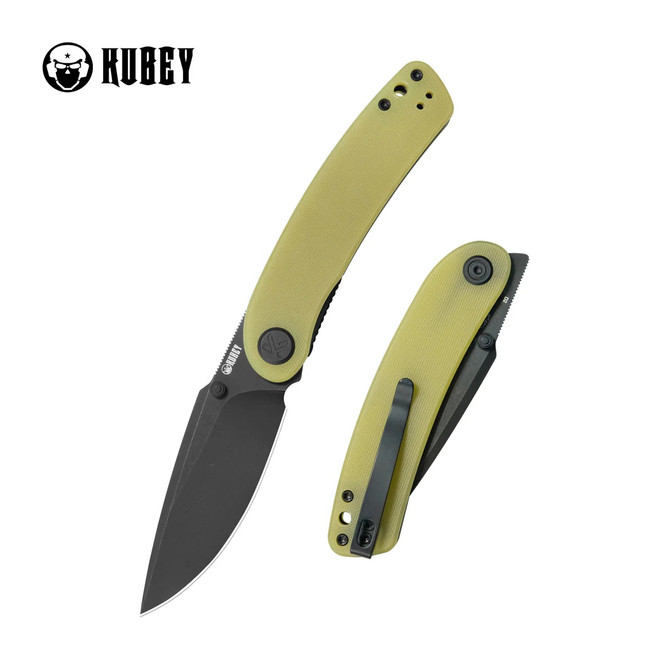 Kubey Momentum Folding Knife Translucent Yellow G10 Handle D2 Drop Point Plain Edge Blackwash Finish KU344O