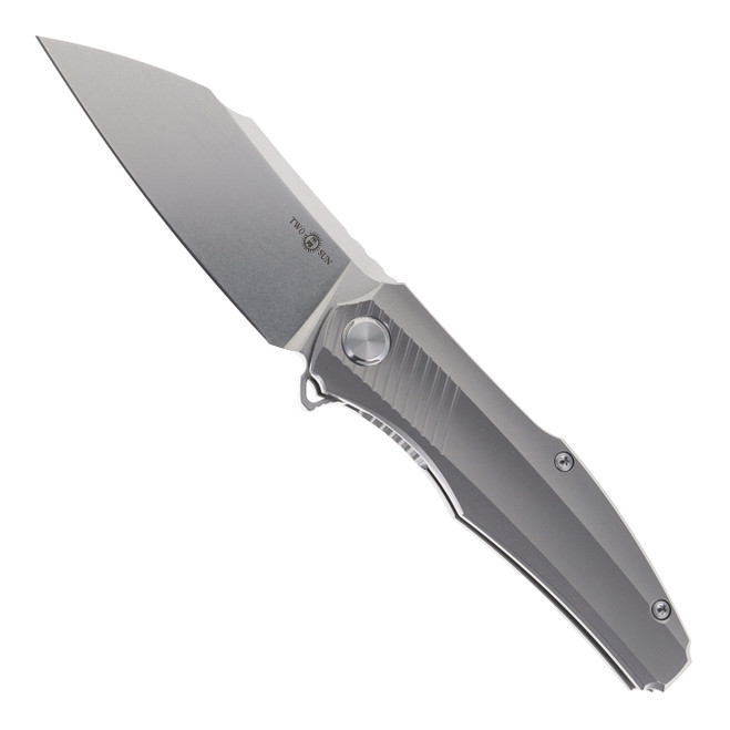 TwoSun Knives Folding Knife Titanium Handle Stonewashed Reverse Tanto D2 Blade TS50-Stonewash