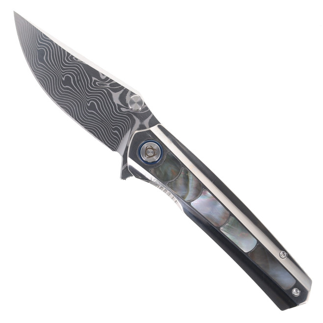 SixLeaf Folding Knife Titanium/Mother of Pearl Handle RWL34/PMC27 Plain Edge SL-95-B-Shell
