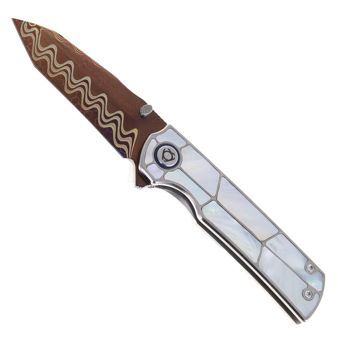 SixLeaf Folding Knife Titanium/Mother of Pearl Handle Dragon Scale Pattern Damascus Plain Edge SL-97