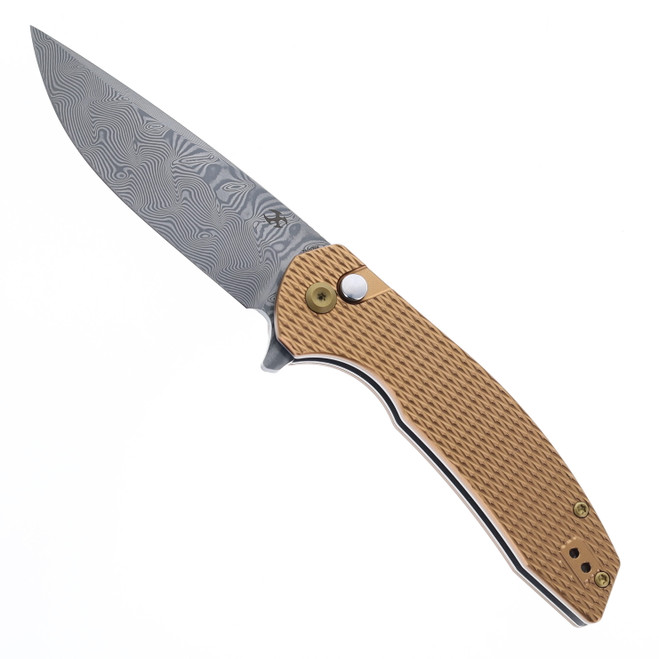 Kansept Accipiter Folding Knife Bronze Aluminum Handle Damascus Plain Edge Stonewash Finish T1007F4