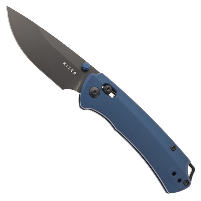 Kizer T1 CD Folding Knife Blue Aluminum Handle M390 Drop Point Plain Edge Black Matte DLC Ultra Finish Ki3490.2CDA2