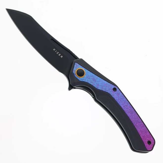 Kizer Draca Folding Knife Aluminum/Crystallized Titanium Handle S45VN Sheepsfoot Plain Edge Black PVD Finish Ki4751A2