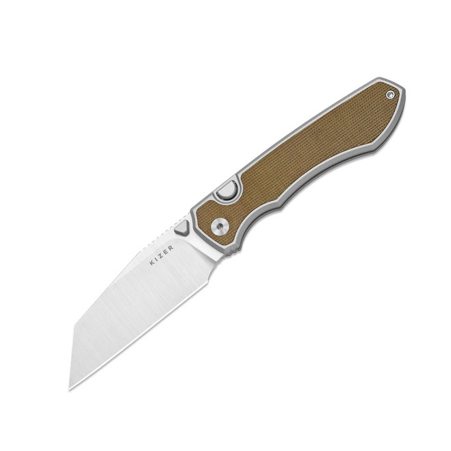 Kizer Wharning Folding Knife Aluminum/Brown Norplex UltreX Handle S45VN Sheepsfoot Plain Edge Satin Finish Ki3738A1