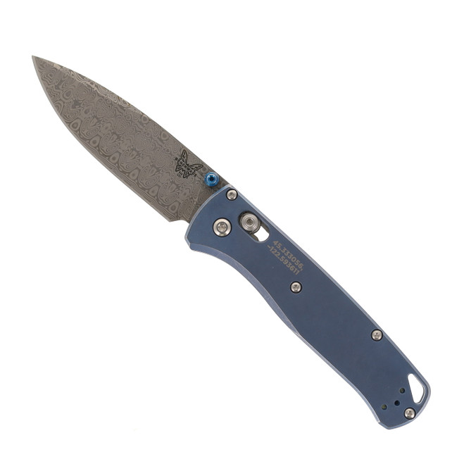 (Used) Limited Edition Benchmade Bugout Blue Titaniuim Handle Damascus Blade Folding Knife 535-2204