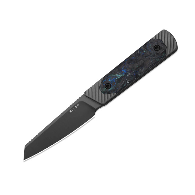 Kizer Hallow Fixed Blade Knife Aluminum/Carbon Fiber Handle 10V Reverse Tanto Plain Gunmetal Gray PVD Finish 1123A2