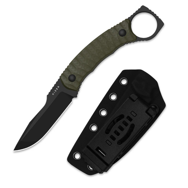 Kizer Billy Bones Fixed Blade Knife Olive Green G10 Handle AEB-L Drop Point Plain Edge Black PVD/Stonewash Finish 1115A1