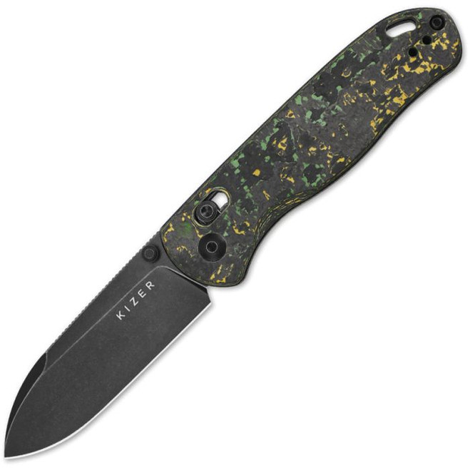 Kizer Drop Bear Folding Knife Yellow/Black Carbon Fiber Handle S45VN Drop Point Plain Edge Black Stonewash Finish Ki3619A6