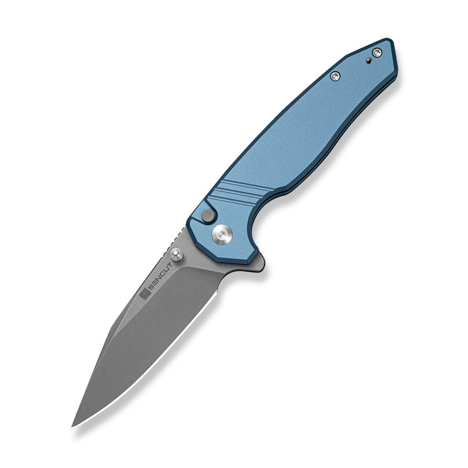 Sencut Selkyris Folding Knife Blue Aluminum Handle D2 Plain Edge Gray Stonewash Finish S25068-3