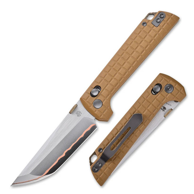 North Mountain Blade Folding Knife Tan G10 Handle  5-Layer Copper Clad Steel Plain Edge 2418-TAN-G-5
