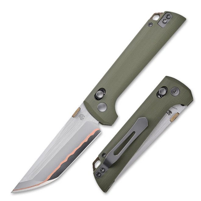 North Mountain Blade Folding Knife Green G10 Handle 5-Layer Copper Clad Steel Plain Edge 2418-GR-5
