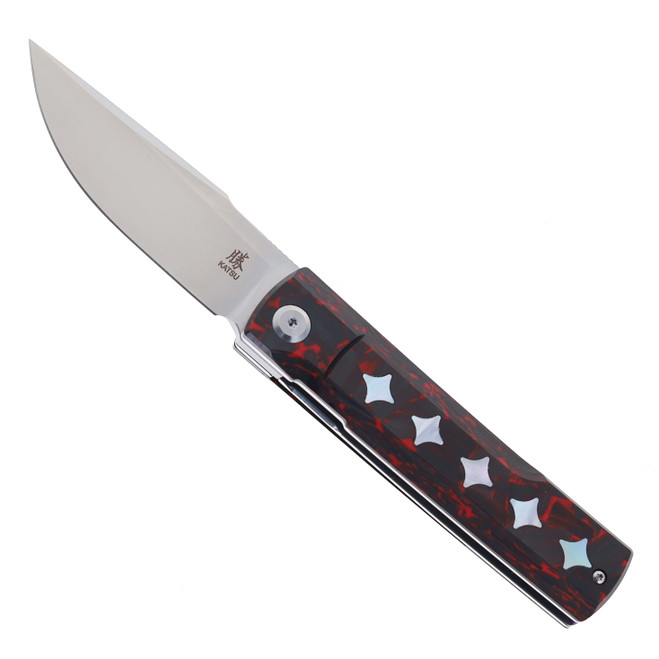 Katsu Genkai Hono Folding Knife Red/Carbon Fiber/White MOP Handle M390 Plain Edge Satin Finish GENKAI_Hono