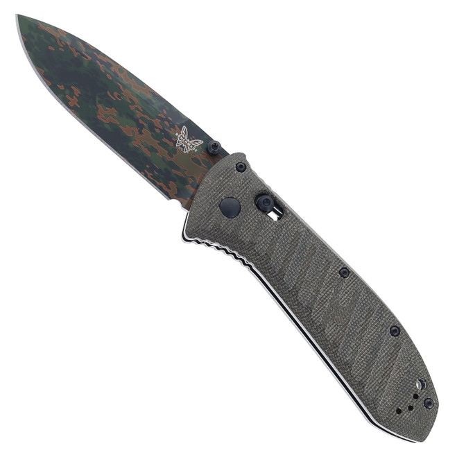 Benchmade Presidio II Folding Knife Green Micarta Handle S30V Drop Point Plain Edge Camo Cerakote Finish 570CAMO-2601
