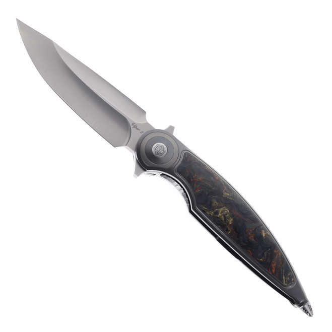 Rike Viper 2 A Folding Knife Dark Gray Titanium Handle w/ Orange Carbon Fiber M398 Blade