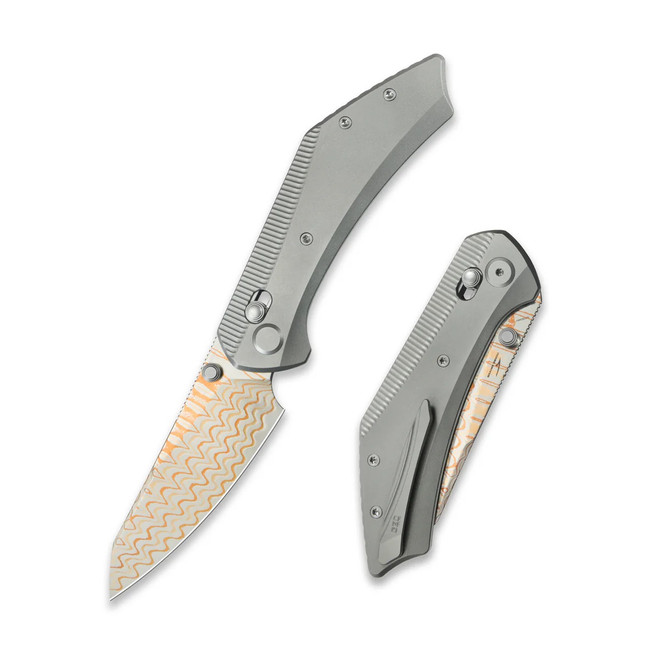 GEO Knife Divid Folding Knife Gray Titanium Handle Damascus Plain Edge GEO2507A