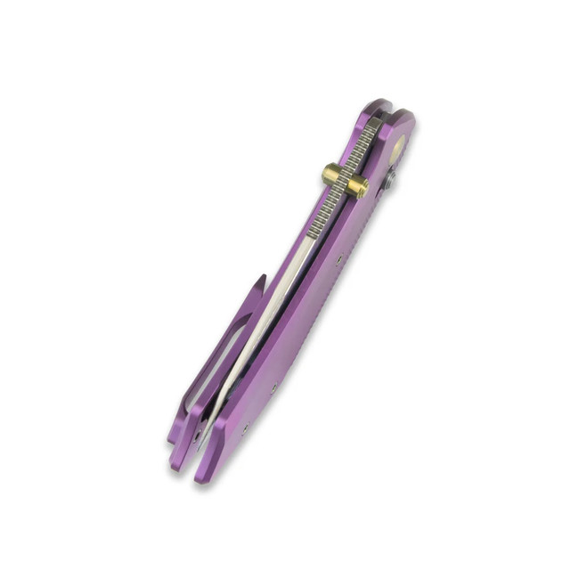 GEO Knife Divid Folding Knife Purple Titanium Handle Damascus