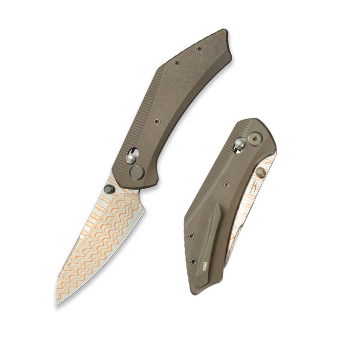 GEO Knife Divid Folding Knife Bronze Titanium Handle Damascus/Copper Plain Edge GEO2507D