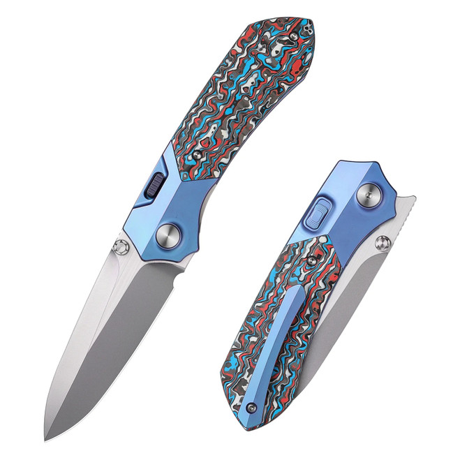 Remette RT-Meteor Folding Knife Blue Titanium/Red/White/Blue Carbon Fiber Inlay Handle M390 Spear Point Plain Edge Satin Finish RTPT-AL